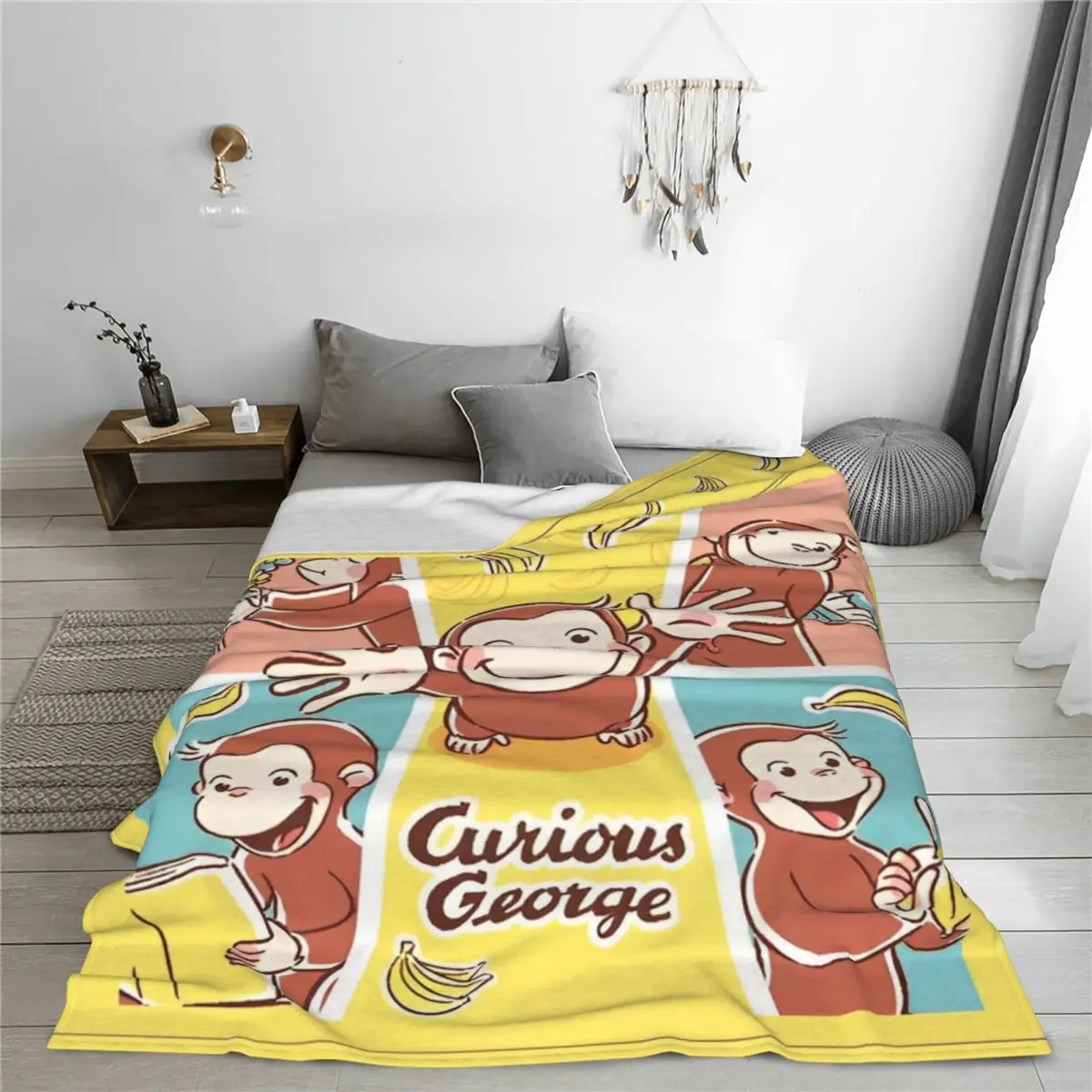 Funny Monkey Curious George Flannel Blanket Cartoon Custom Throw Blankets for Bed Sofa Couch 150*125cm Bedspread