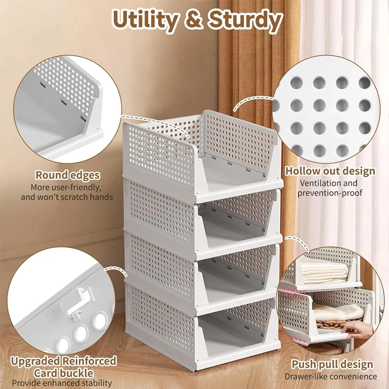 4pcs Foldable Stackable Wardrobe Storage Organizers with Slide Rail Plastic Cupboard Baskets Clothes Storage Boxes Drawers