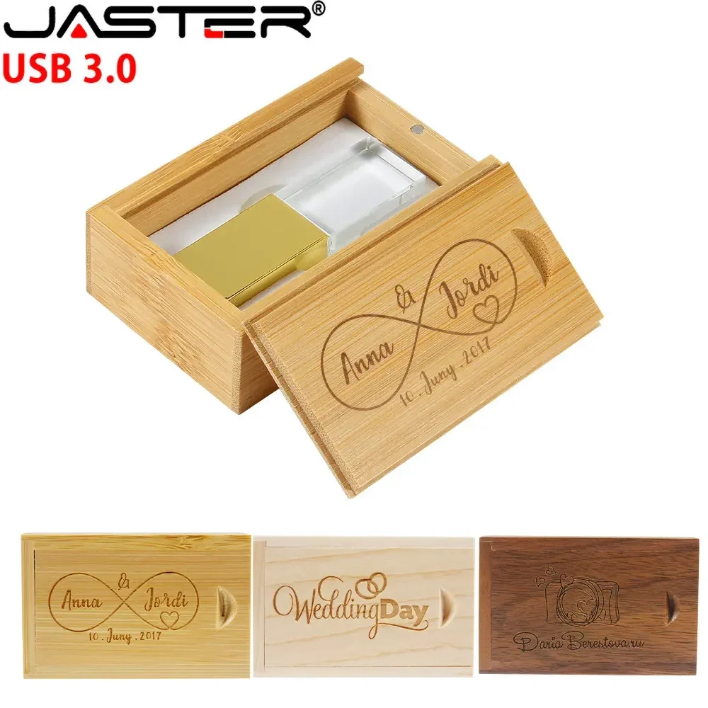 JASTER Wooden Box USB 3.0 Flash Drives 128GB Crystal Pen Drive 64GB Creative Wedding Gift Pendrive 32GB Free Custom Logo Stick