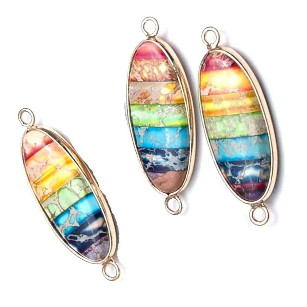 

1PC 15x40mm Natural Gemstone Pendant Colorful Imperial Stone Oval Shape Double Hole Connector DIY Making Jewelry Accessories