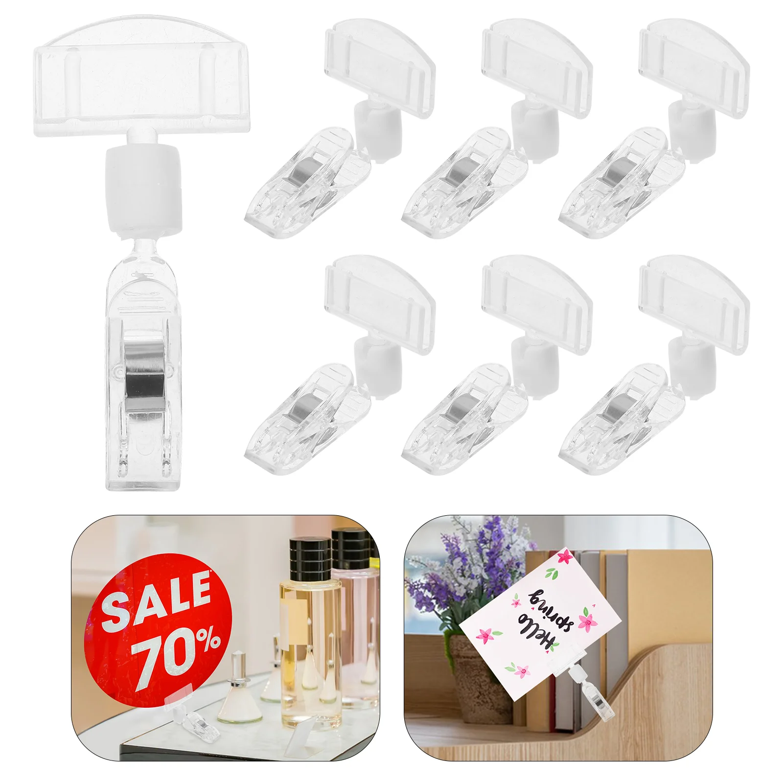 

Clear Sign Clips Merchandise Rotatable Stand Price Display Rack Price Label Clips Holders for Retail Baskets Transparent