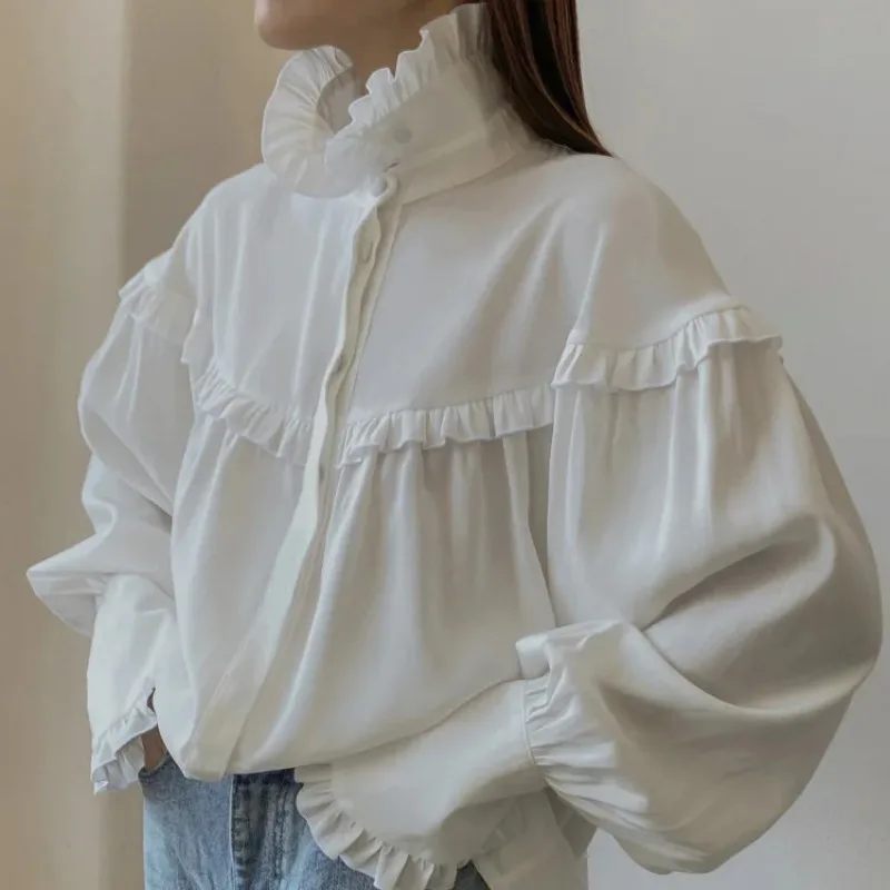 

Spring Autumn 2026 Women Solid Turn-down Collar Blouse Loose White Ruffled Lantern Long Sleeve Vintage Elegant Shirt