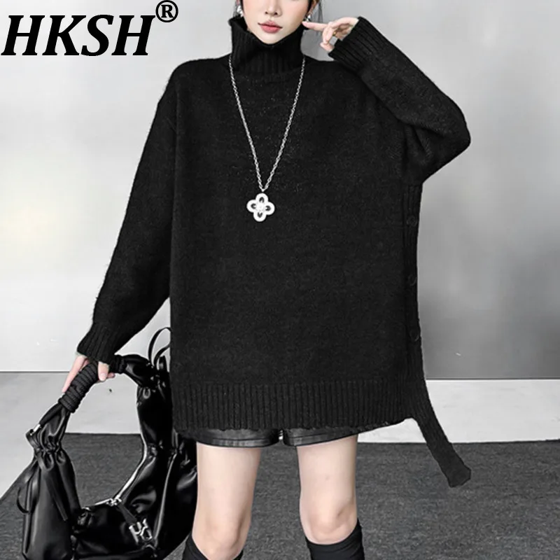 

Женский пуловер HKSH: Асимметричный, модный, с пуговицами, однотонный, универсальный, повседневный, вязаный топ. Новинка осень-зима HK19721