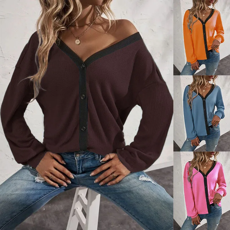 T Shirt Women 2022 autumn/winter Fashion Long Sleeve Off Shoulder Cardigan Button Tshirt Clothing women's Dropshipping Myh147
