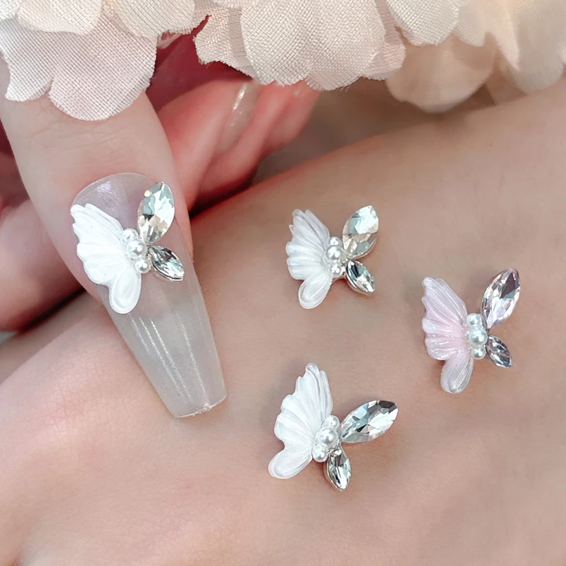 5pcs/bag Pink White Butterfly Nail Art Decoration Flying Butterfly Irregular Luxury  Jewelry Rhinestone Nail Art Diy Charm