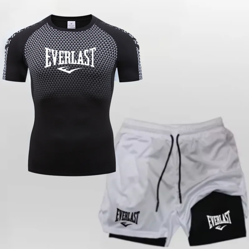 EVERLAST Men's Compress Shirt + 2-in-1 sports shorts 2pcs Set Leisure Breath Short Sleeve Sport Jogging Gym Brand Print Clothing