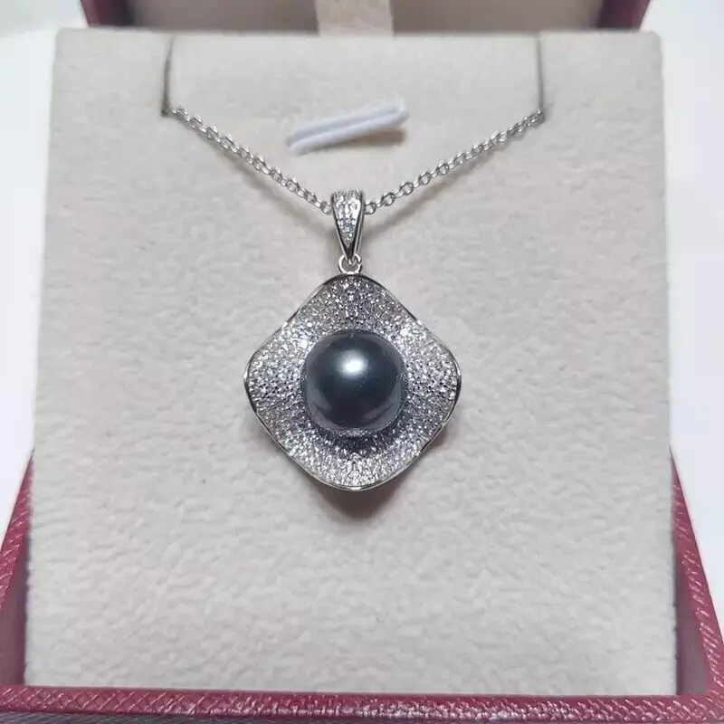 

Gorgeous AAAAA 10-11mm Natural South Sea Black Round Pearl Pendant Necklace 925S-