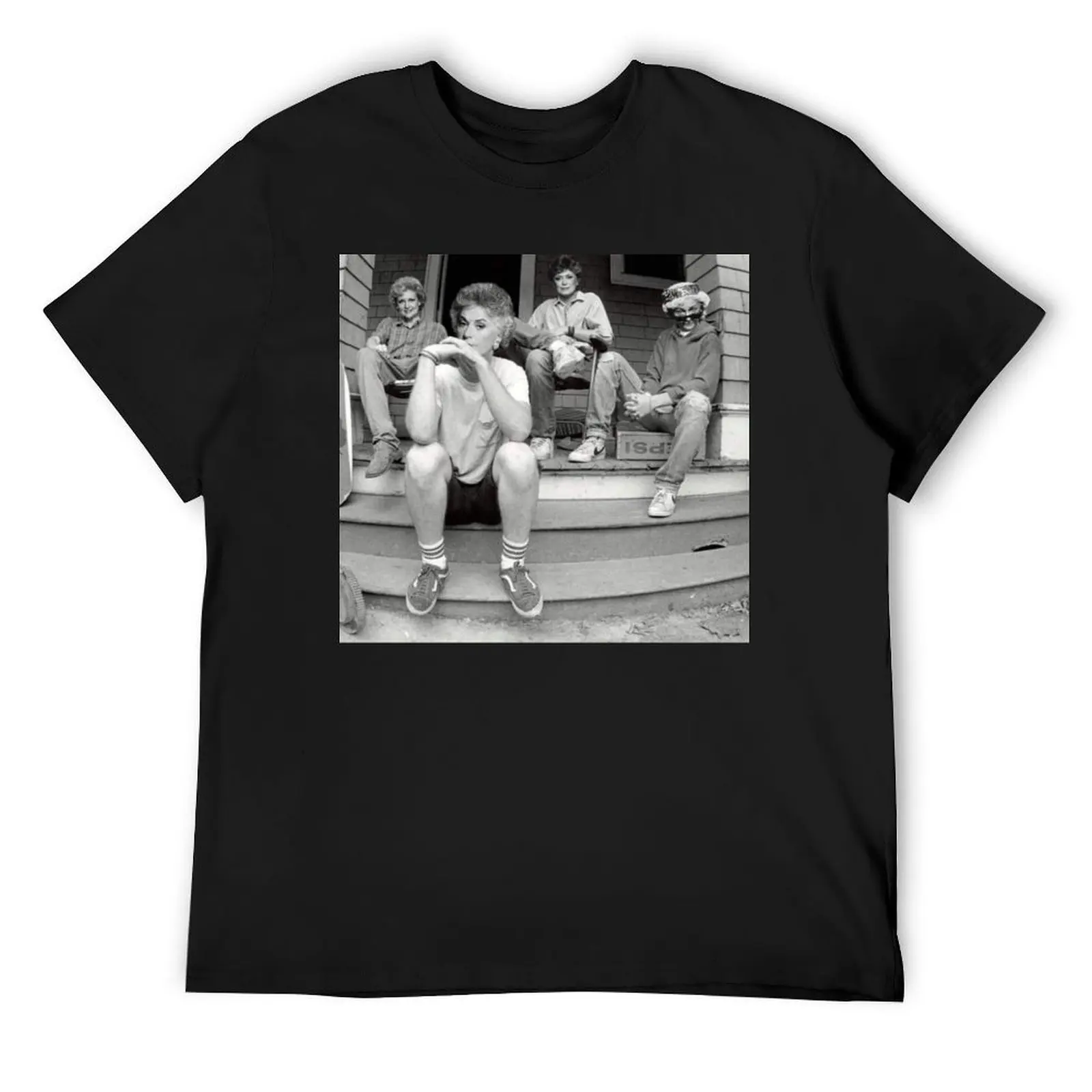 Golden black and white photography girls sitting on porch T-Shirt anime stuff vintage workout shirts for men