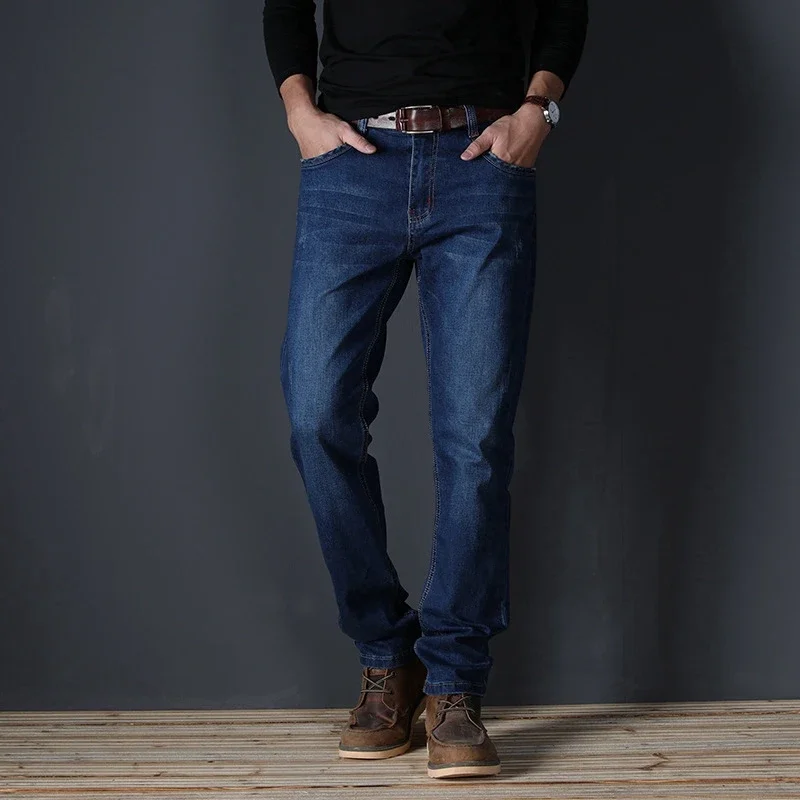 Plus Size 28-48 Men Jeans Casual Fashion Cotton Stretch Loose Slim Long Denim Pants Business Trousers Blue Black No Belt