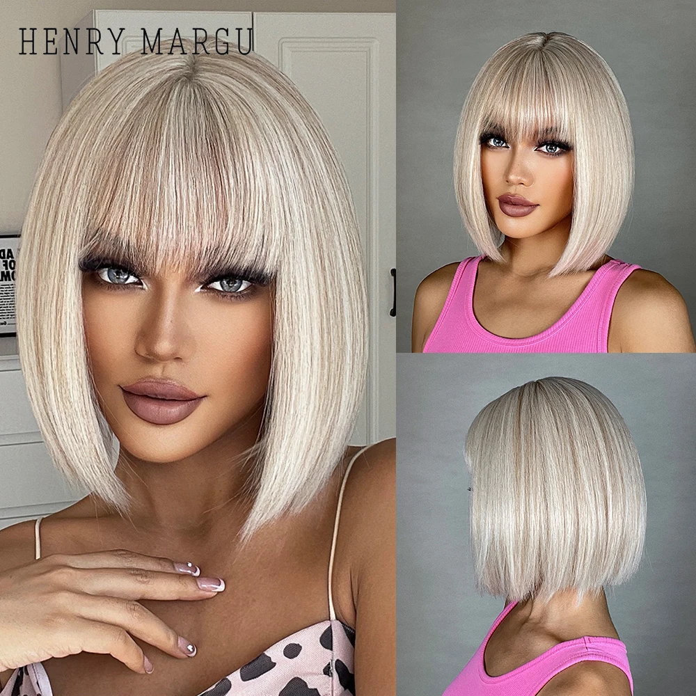 HENRY MARGU Short Bob Synthetic Wigs Platinum Blonde Straight Wigs for Women With Bangs Natural Hair Daily Lolita Fiber Wigs