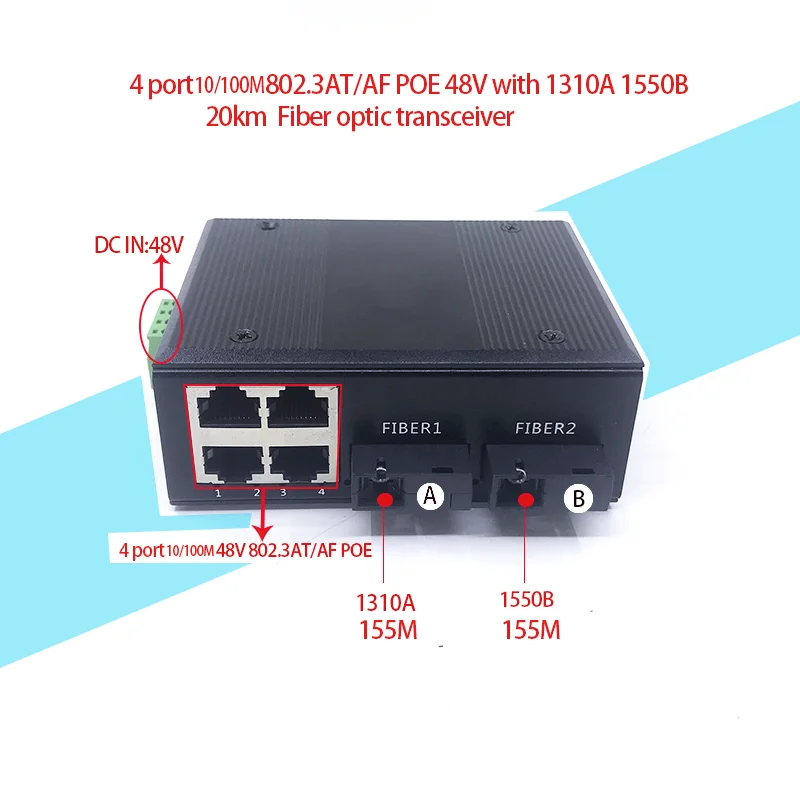 Conversor de Mídia de Fibra Óptica, Transceptor de Fibra Óptica, 4 Portas, PoE Port, 10 m, 100m, 48V, 2sc, 155m