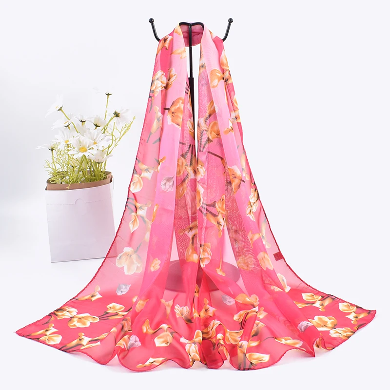 New Fresh and Breathable Thin Lily Pattern Printed Chiffon Women's Long Scarf Sunscreen Women's Scarf