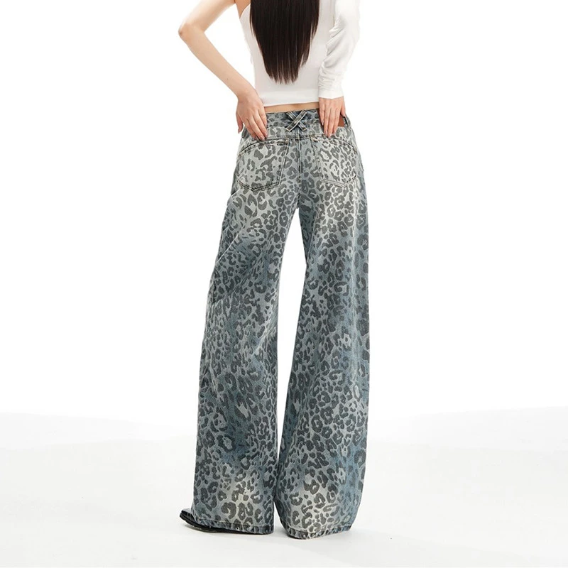 FINEWORDS Vintage Casual Korean Leopard Print Jeans Women Loose Full Length Wide Leg Jeans Easymatch Baggy Denim Pants