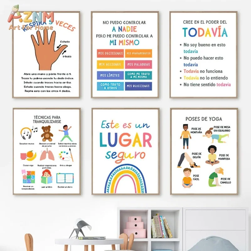 AZNM Spanish Kids Mental Health Canvas Print Calm Down Yoga Breathing Safe Space Positive Growth Mindset Classroom Educational W