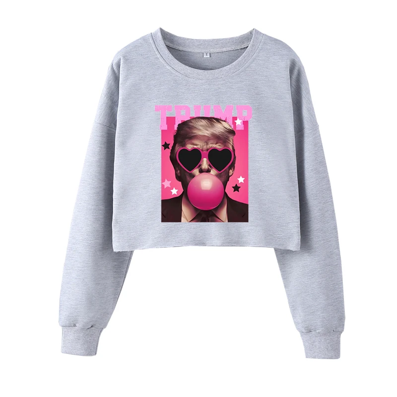 Pink Sun Glasses Trump Bubble Gum Crop Sweatshirts Interesting USA Presidential Costumes Women Pullover