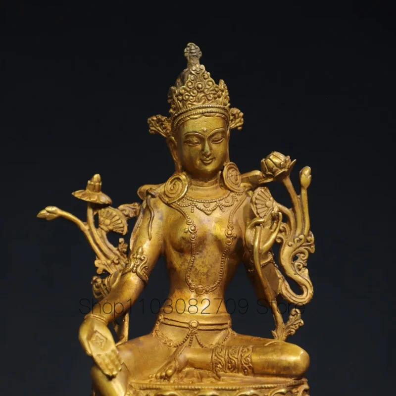 22cm Pure copper green tara antique bronze ware gilded gold mud gold Tibetan Buddha home