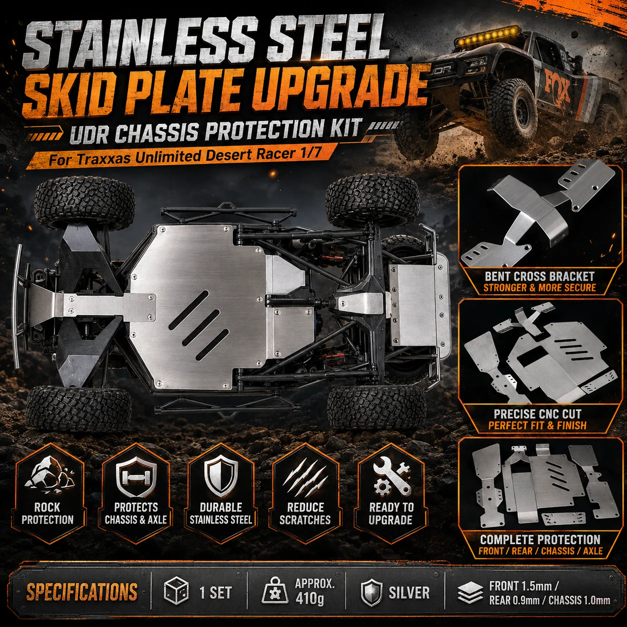 1/7 Scale RC Car Metal Protector Set Front Rear Chassis Skid Plate Armor for 1:7 UDR Traxxas Short Course Truck Upgrade Parts