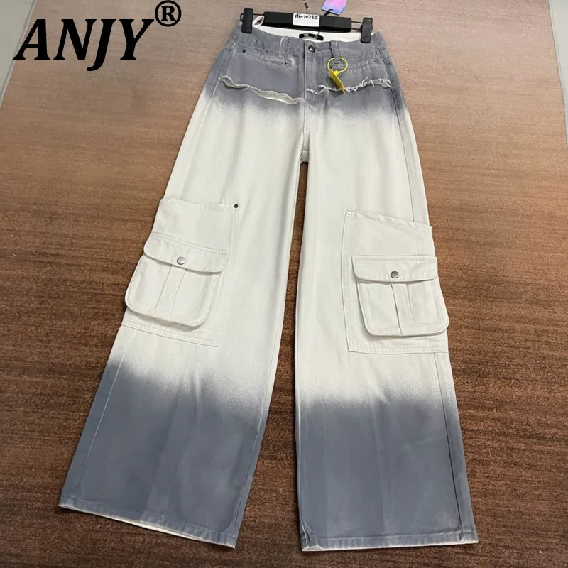 

ANJY, осенние новые женские тонкие серы-белые джинсы с градиентом Tide, индивидуальные широкие брюки-карго с большими карманами для девочек A12216