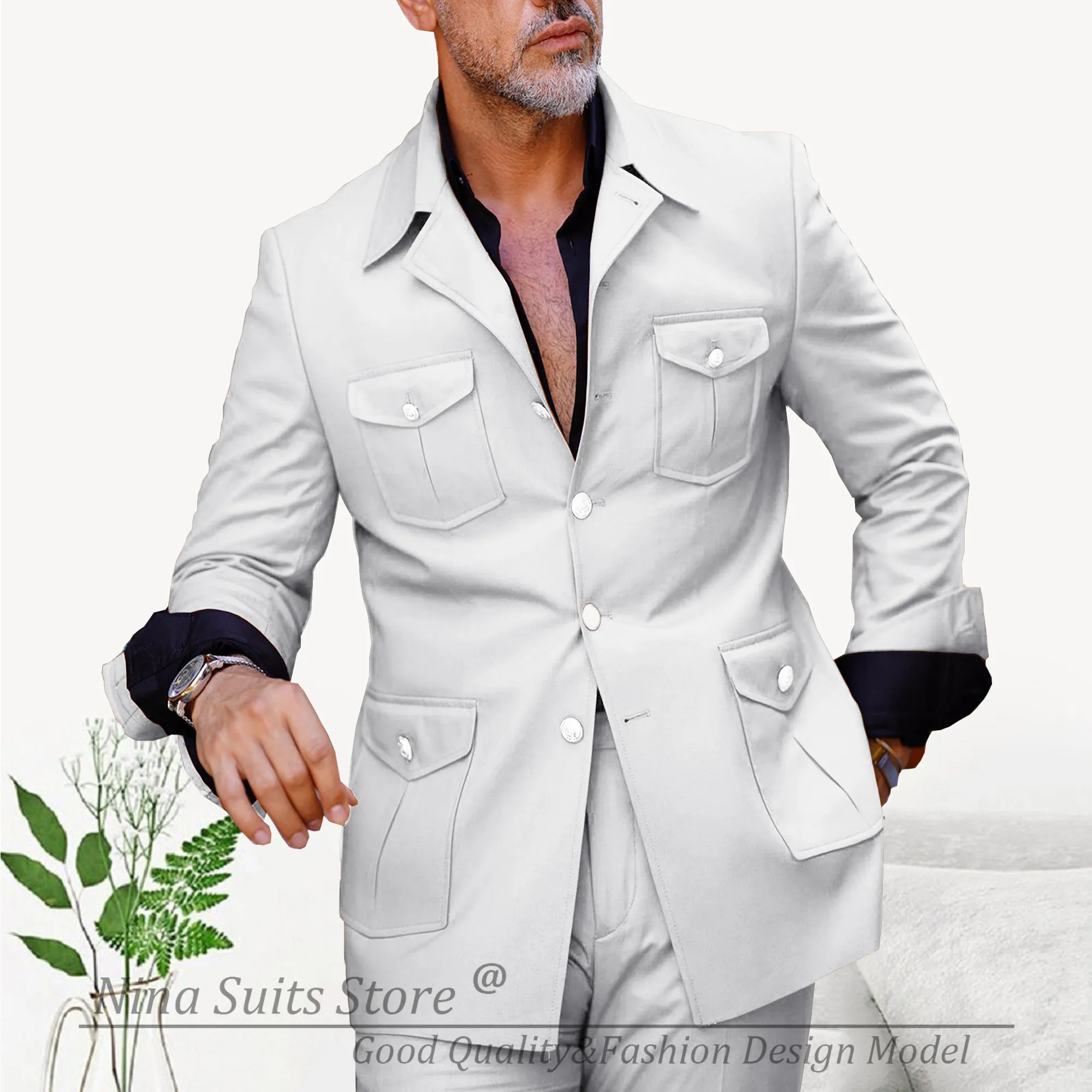 G&N Latest Khaki Suit Africa Men's Slim Fit Wedding Best Man Groom Tuxedo 5 Buttons Patch Pockets with Flaps Blazer Pants Set