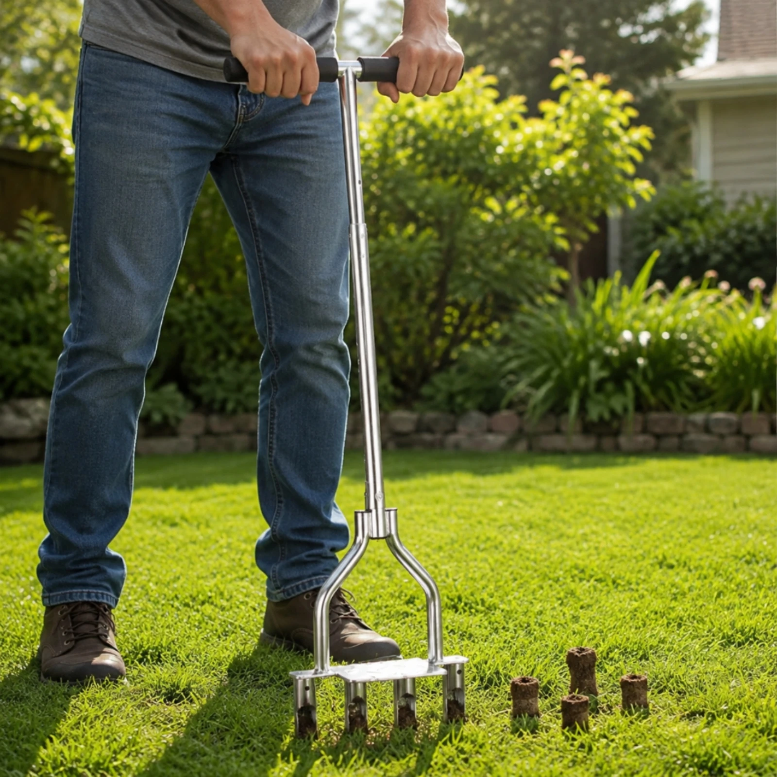 Manual Core Aerator with T-Handle Stainless Steel Manual Lawn Aerator with Hollow Tines Rustproof Heavy Duty for Gardeners