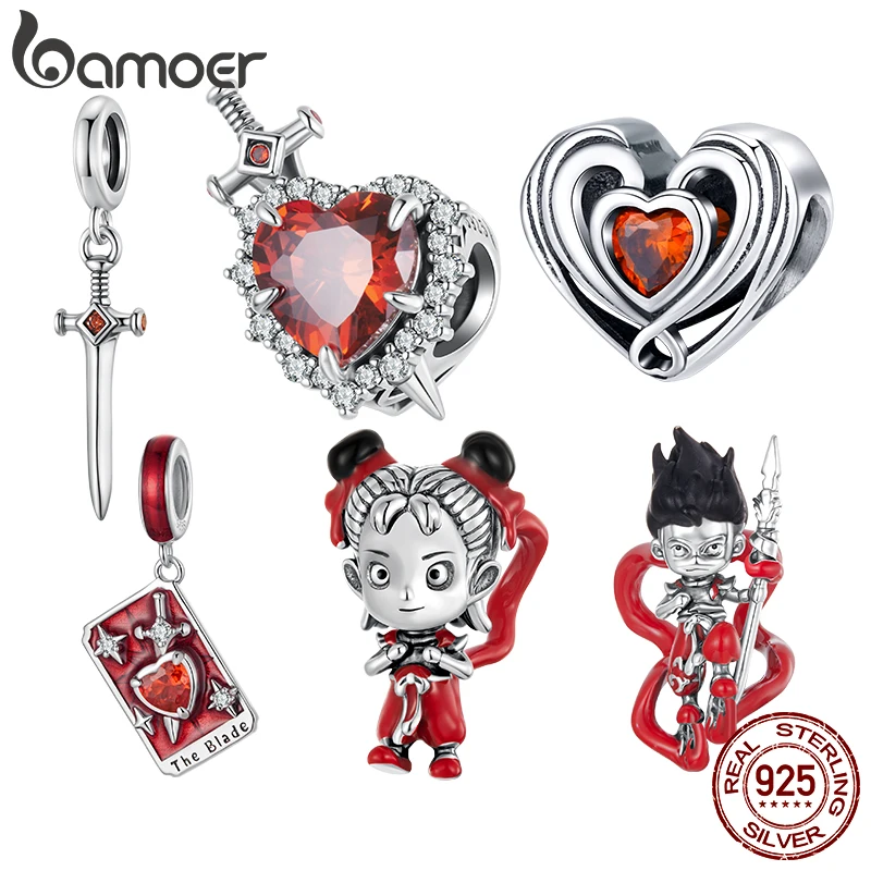 

Bamoer 925 Sterling Silver Heart Sword Charms Scepter Tarot Card Pendant Red Beads fit Orignal Bracelet DIY Jewelry Gift
