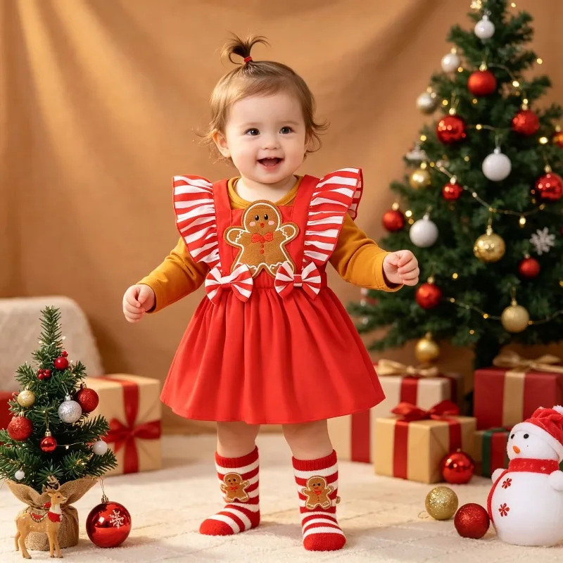 Newborn Infant Toddler Baby Girls Christmas Gingerbread Man Dress Red Yellow Long Sleeve Striped Ruffle Skirt Party Outfit 0 24M