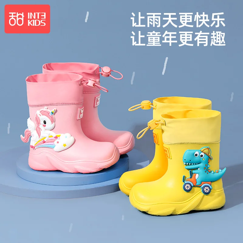 Botas de chuva antiderrapantes impermeáveis para crianças, unicórnio, tubarão, desenhos animados, pato, animais, PVC, sapatos de água, moda,