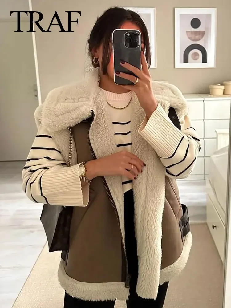 TRAF 2023 Winter Women\'s Fashionable Brown Roupa Warm Thickened Oversized Vest Sleeveless Loose Jacket Women\'s Cropped Tops