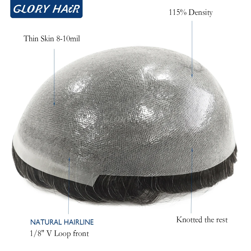 8-10mil Thin Skin Toupee Hair Prosthesis Wig Male 115% Density V Loop Front With Knots Men's Hairpiece Looks Natural