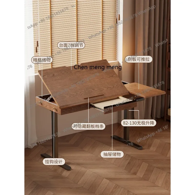 Solid wood electric lifting table Tilting calligraphy table Home workbench Learning computer table