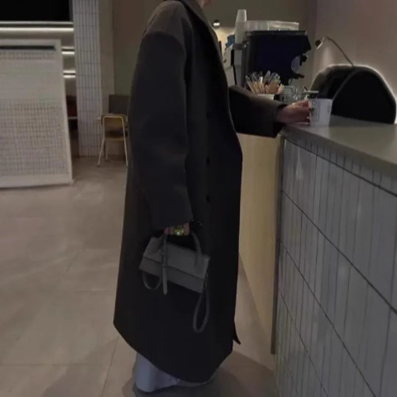 우아한 여가용 여성 롱코트 라펠 더블브레스트 브라운 오버코트 2025 가을 겨울 여성 출퇴근 외투