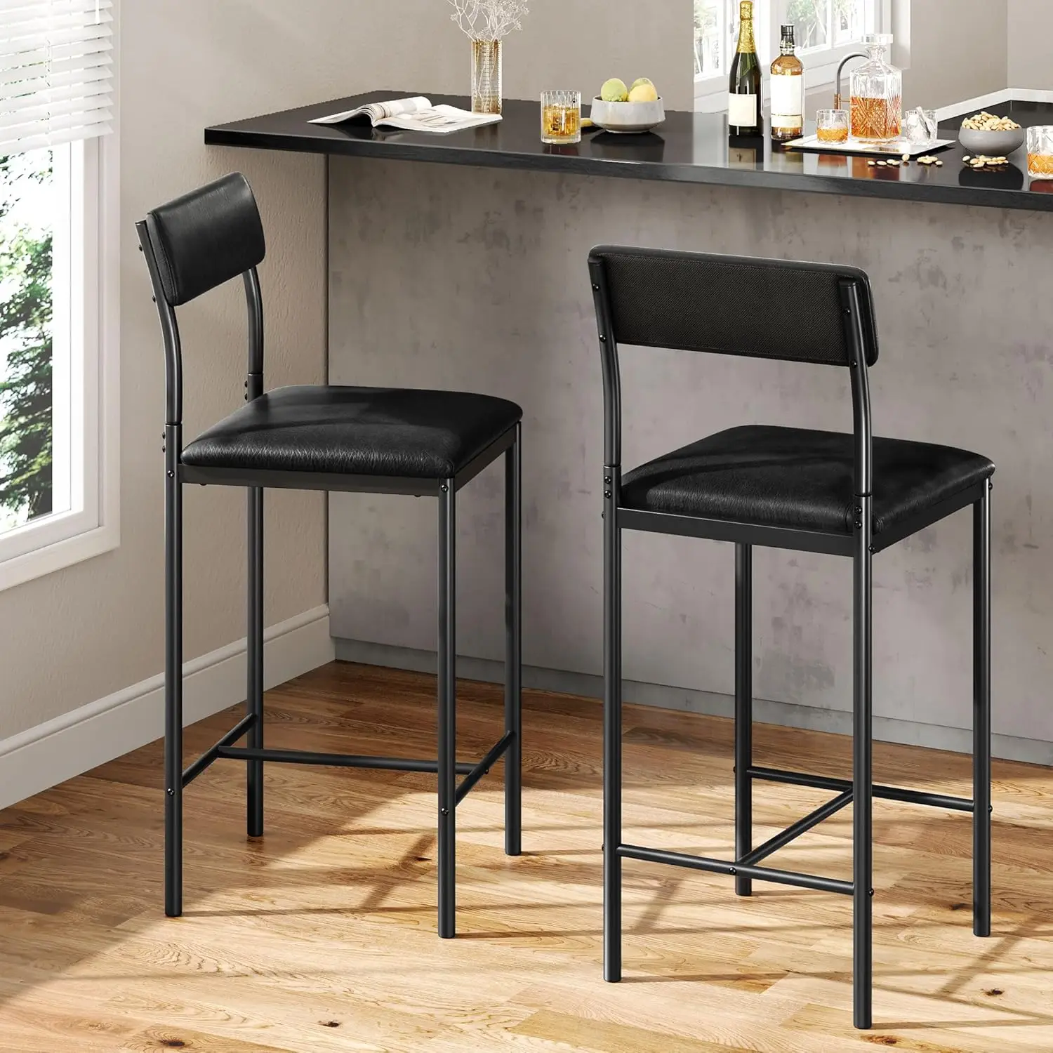 

2 Bar Chair with Back Kitchen Island Stools with Footrest 26.18" Breakfast Bar Stools Kitchen Bar Black