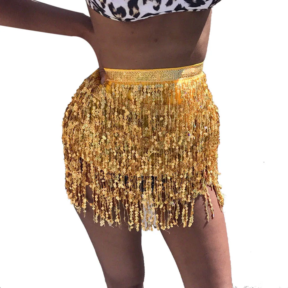 Women Shiny Sequins Tassels Carnival Rave Performance Belly Dance Costume Hip Scarf Wrap Skirt