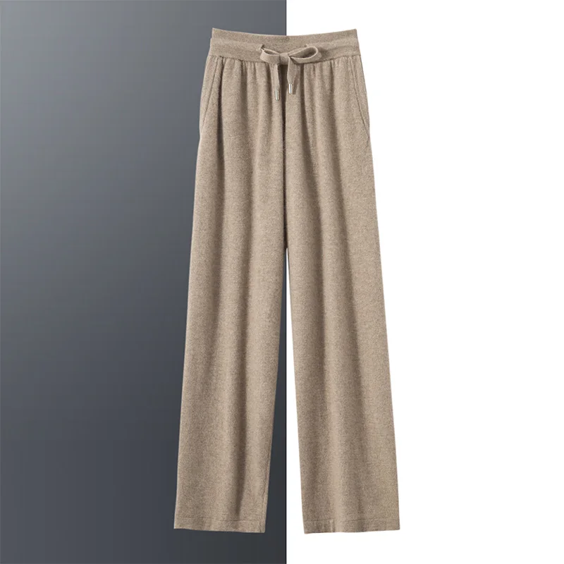 Autumn Winter New 100% Cashmere Men's Pants, Casual High Waisted Knitted Straight Leg Pants, Solid Color Versatile Sports Pants