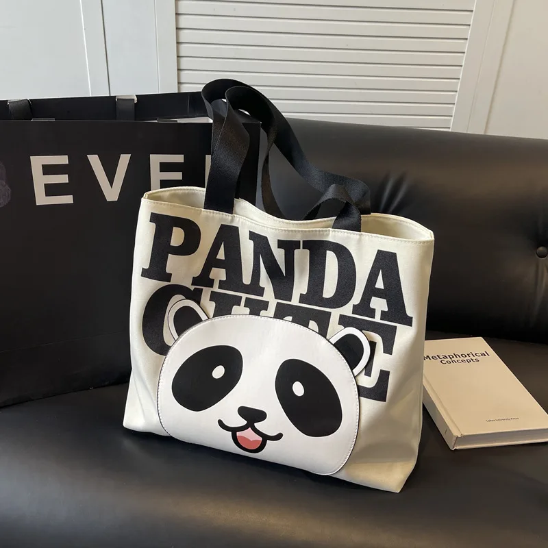 Large Capacity Casual Cartoon Tote Bag Female 2024 New Versatile Cute Panda Shoulder Bag College Student Class Bag