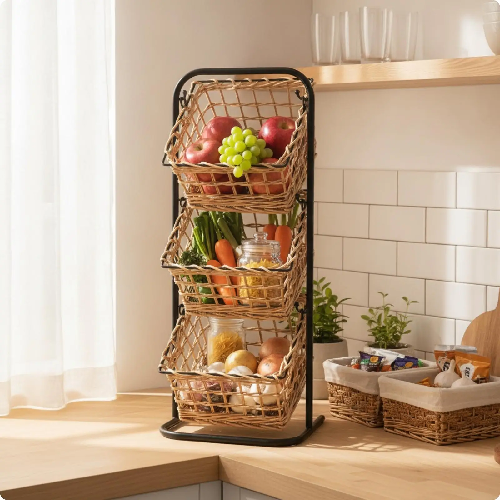 Compact 3 Tier Storage Shelf Organizer Rack with Woven Baskets Sturdy Willow Iron Frame for Living Room Entryway Kitchen