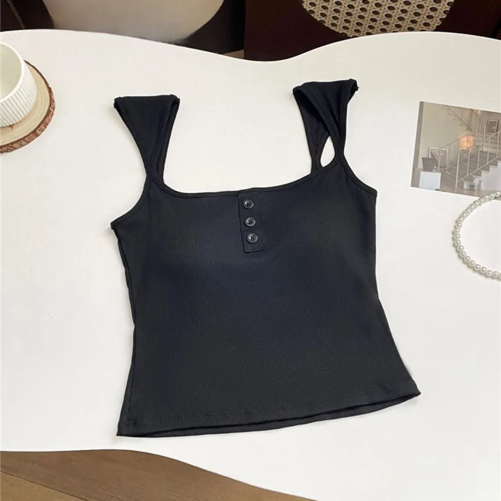 

Square Neck Sleeveless Crop Top Vest Simple Sweet Girl's Tank Top Slim Fit Female Clothing Camisole with Pads Summer