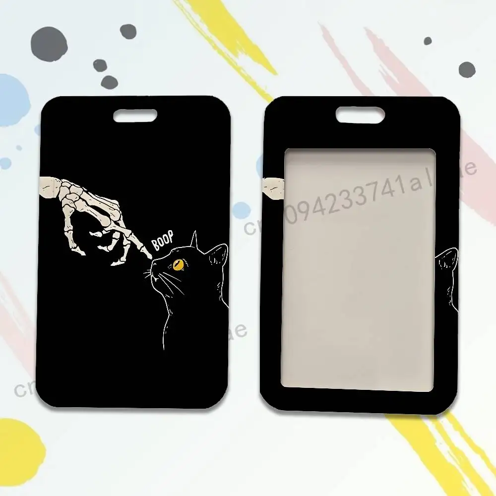 Skeleton Cat Painted Badge Holder Pass Bus Work Card Cover Chest Pocket Students Card Holder Small Gift