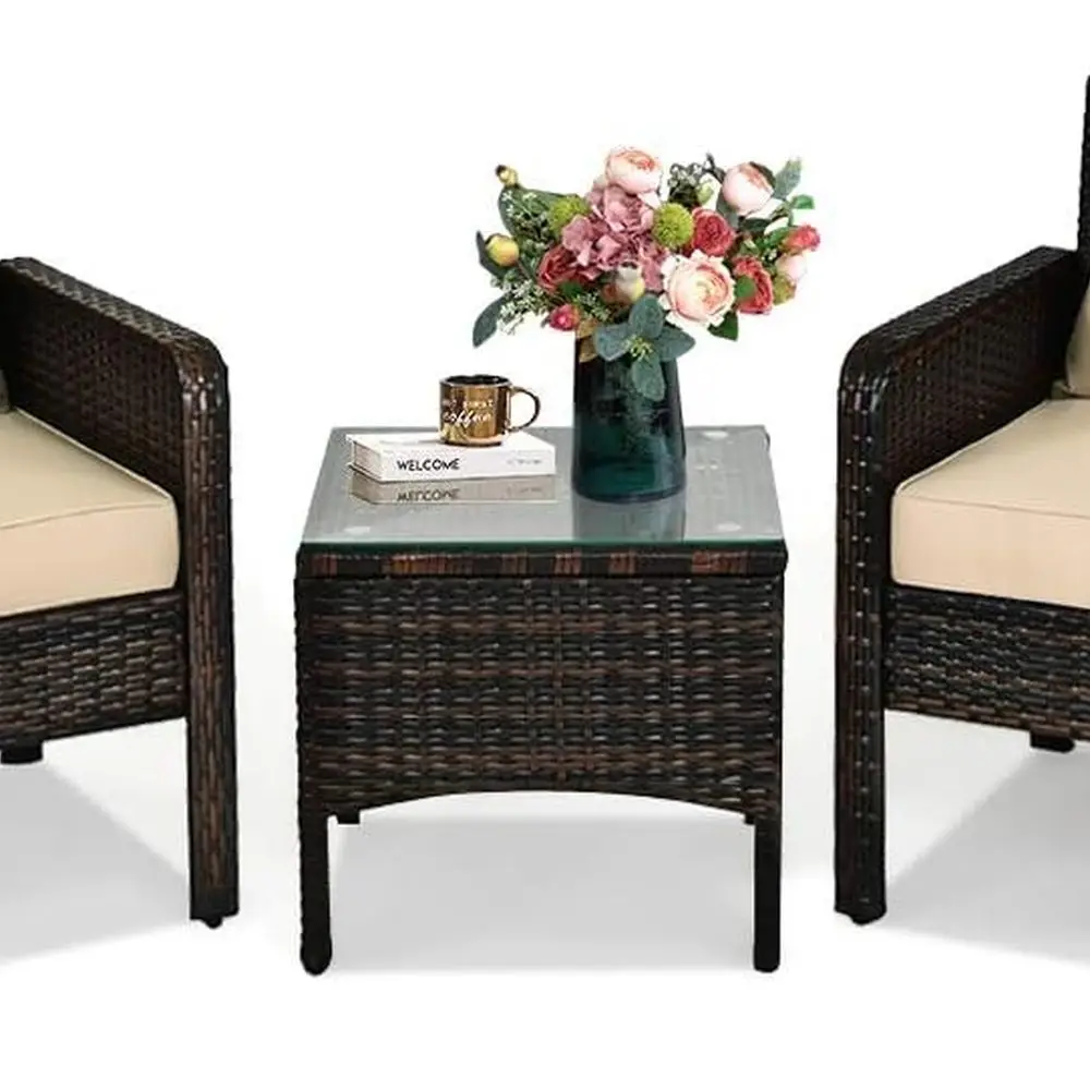 

Outdoor Patio Furniture Set: 3-Piece Rattan Wicker with Coffee Table and Cushioned Chairs for Garden, Balcony, and Poolside Conv
