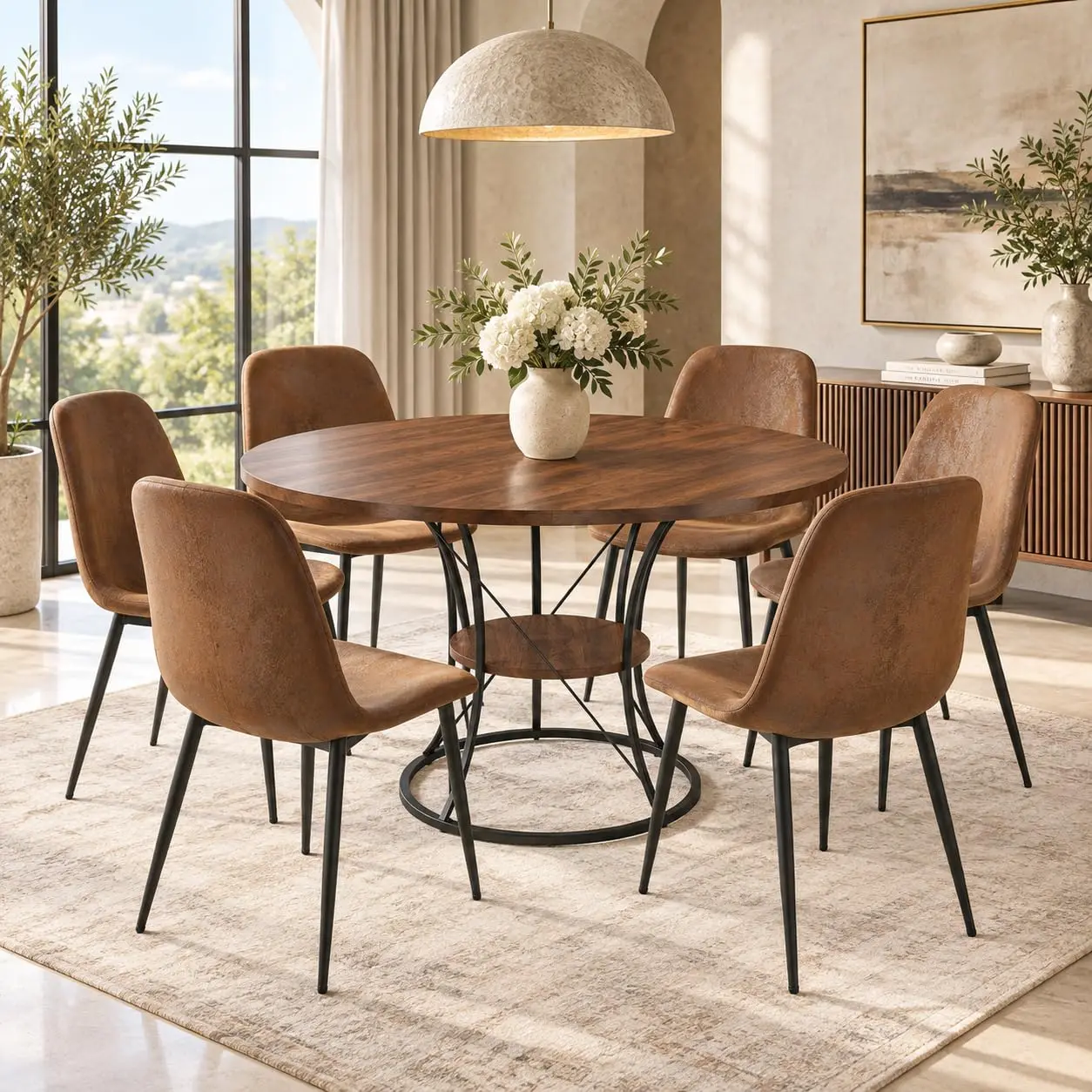 Round Dining Table Set for 6 Extendable 43-59 Inch with 6 Chairs, Customized