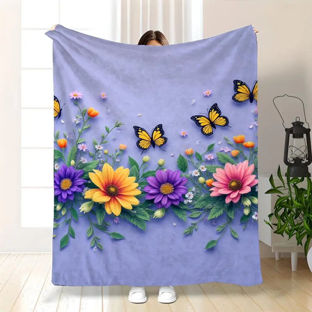 بطانية من الفلانيل خفيفة الوزن - رمي ديكور منزلي ناعم مزين بالزهور الربيعية