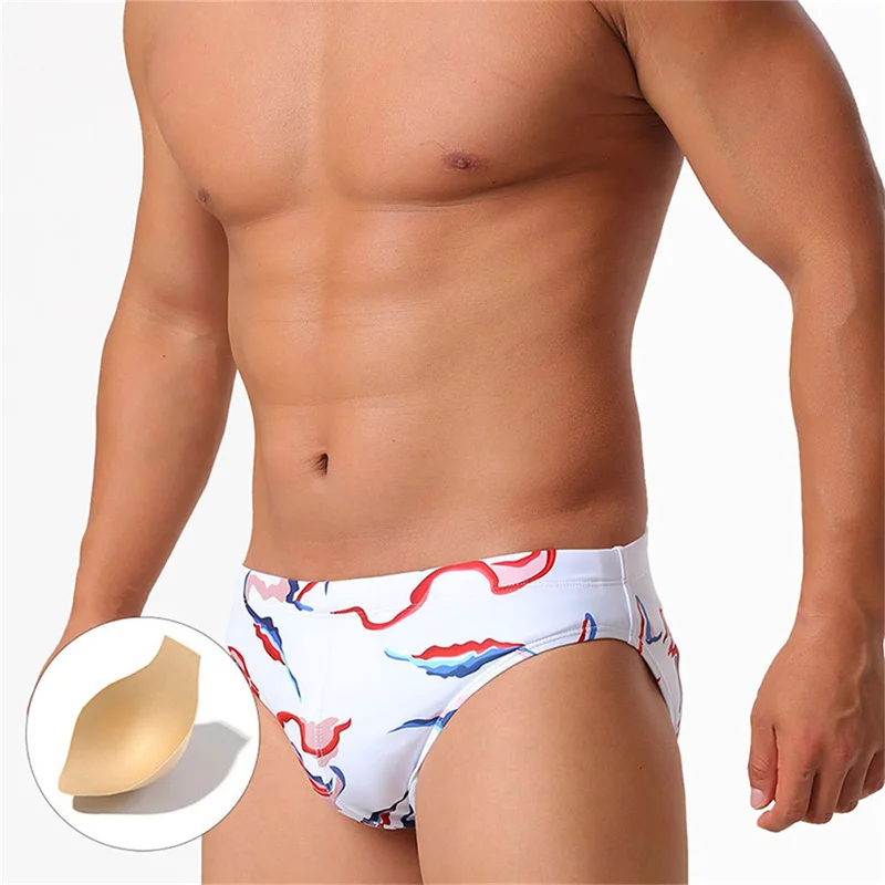 Men Swimming Briefs with Pad Printed Sexy Close-fitting Briefs Low Waist Quick-drying Beach Swimming Briefs