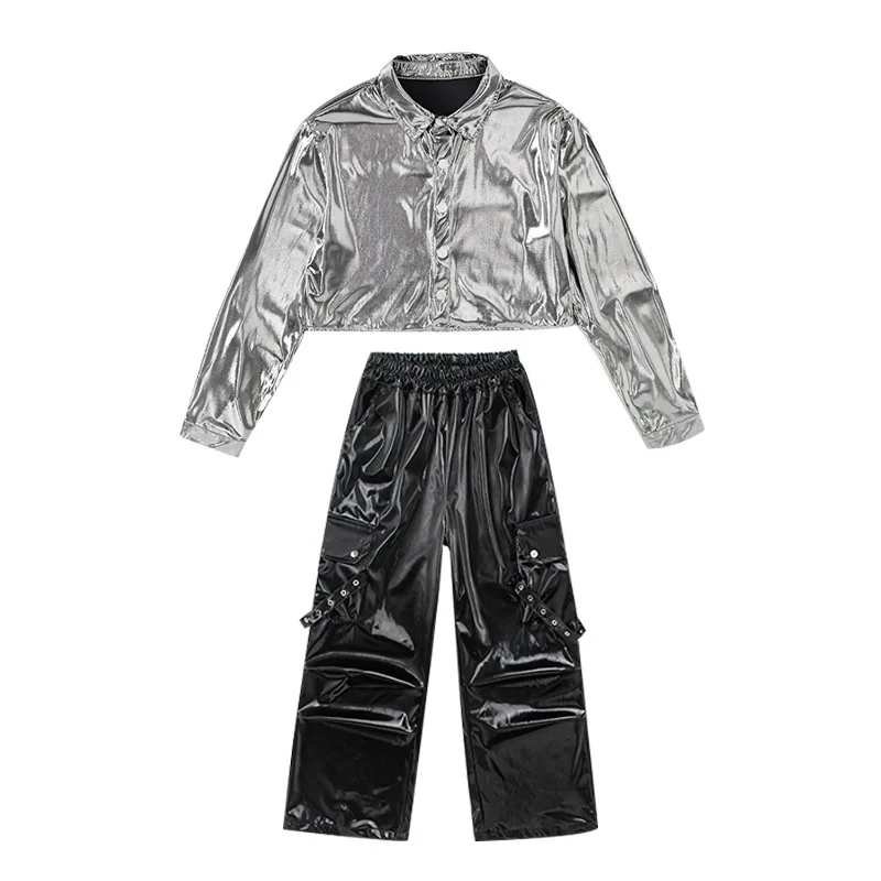 Mädchen Hip Hop Silber Crop Shirt Street Dance Leder Hosen Mode K-pop Coole Jacke Kleidung Sets Gruppe Jazz Bühne tragen Outfits