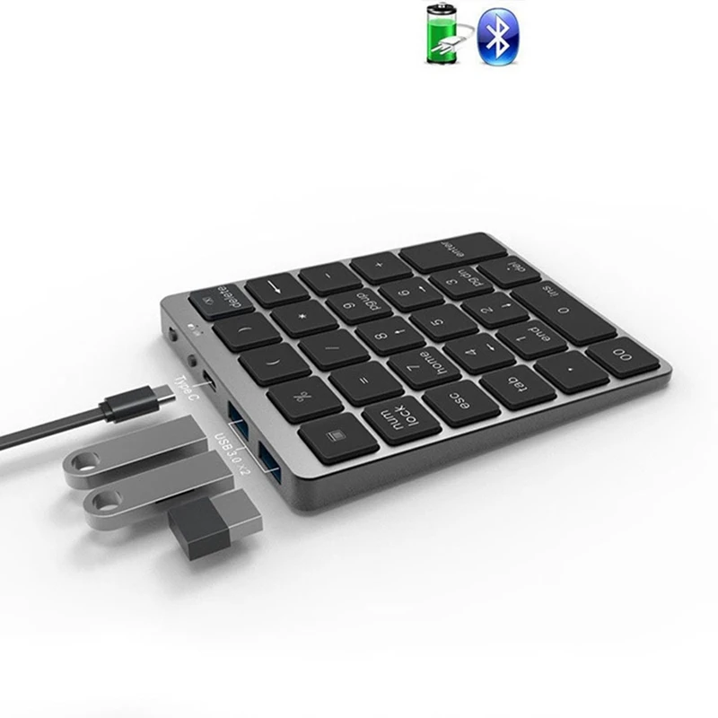Wireless Bluetooth Numeric Keypad with USB HUB Dual Modes Rechargeable Numpad for Tablet Laptop-A69M