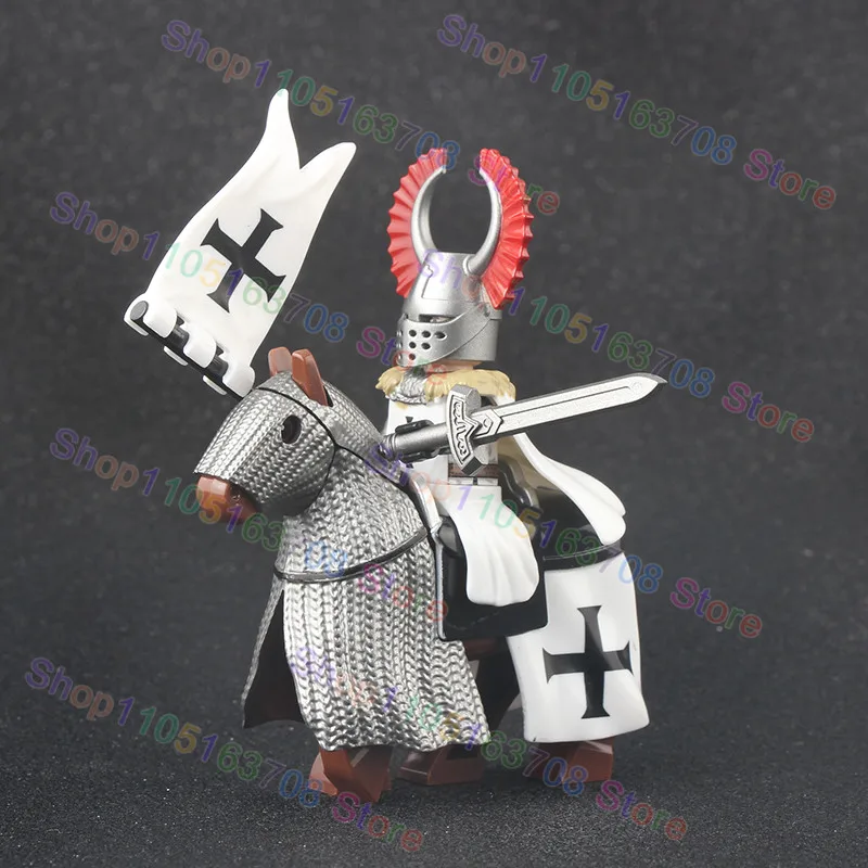 MOC القرون الوسطى العسكرية الصليبية فارس اللبنات القلعة الجيش الجندي الشكل الحصان جبل درع السيف اكسسوارات لعبة الطوب #4