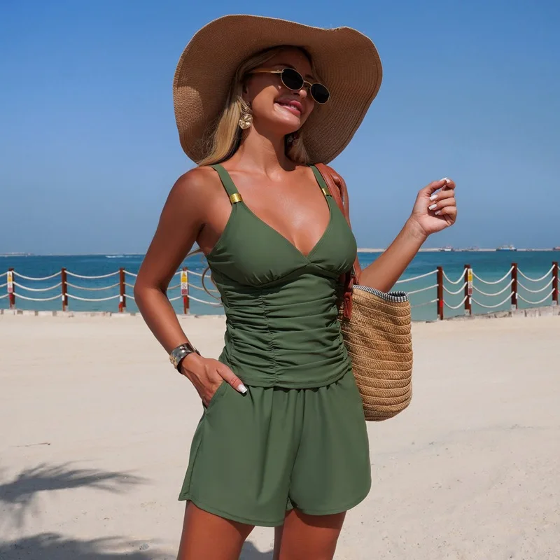 VigoBreviya Green V Neck Tankini Set Women Solid High Waist Bikini Swimwear Female 2026 Pocket Two Piece Swimsuit Bathing Suit view 5
