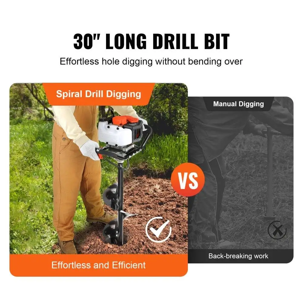 Escavadeira movida a gás 52cc 1450W com brocas de eixo helicoidal de 6 polegadas e 10 polegadas e hastes de extensão para jardim para terras agrícolas e plantio