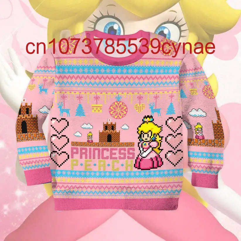 New Super Mario Princess Peach Custom Kid Ugly Sweater 3D Printed Cute Round Neck Pullover Sweater for Boys and Girls