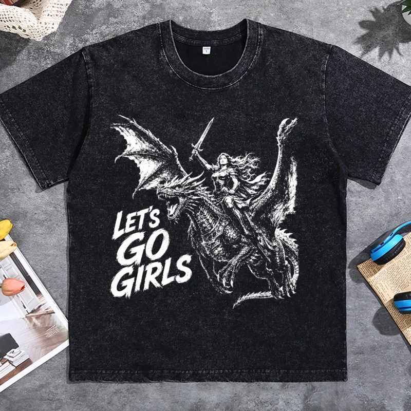 Warrior Woman Dragon Rider T-Shirt Fantasy Graphic Tee Feminist Cotton Short Sleeve Round Neck Tshirt Vintage Washed Clothes