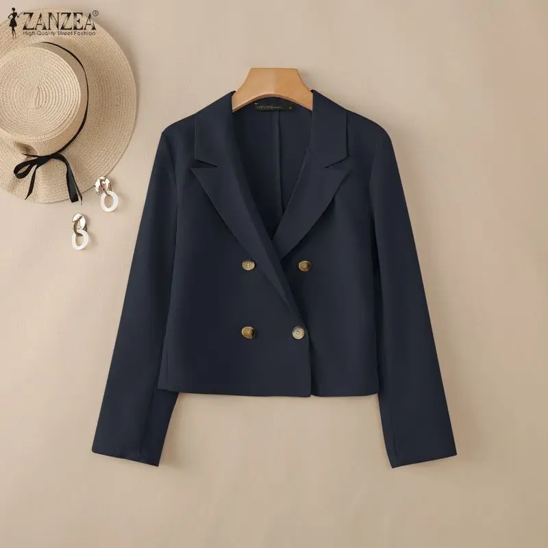 Spring Woman Elegant Short Blazer Peak Lapel Long Sleeve Double-Breast Solid Color Jackets ZANZEA Office Wear Casual Outerwear